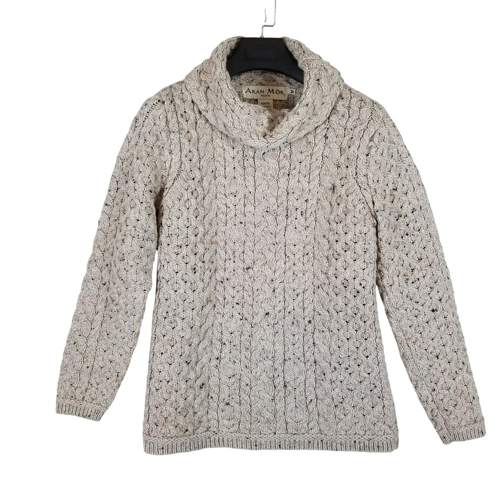 Aran Mor Sweater Womens M Beige 100% Merino Wool Cowl Neck Cable‎ Knit Ireland